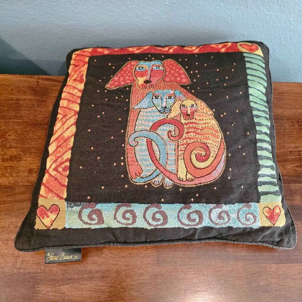 Vintage Laurel Burch Tapestry Graphic Design Throw Pillow Three Embroidered Dogs